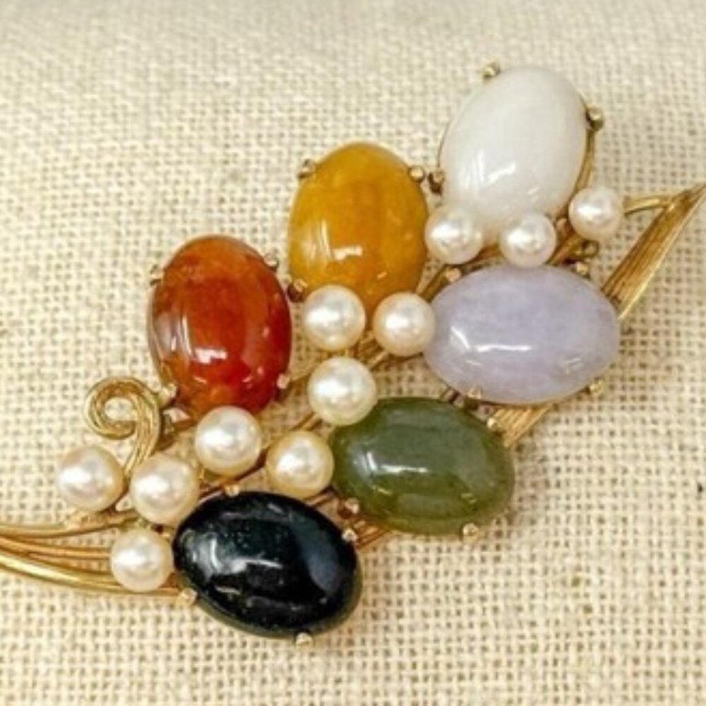 14k MING'S Pearl Multi-Color Jade Brooch